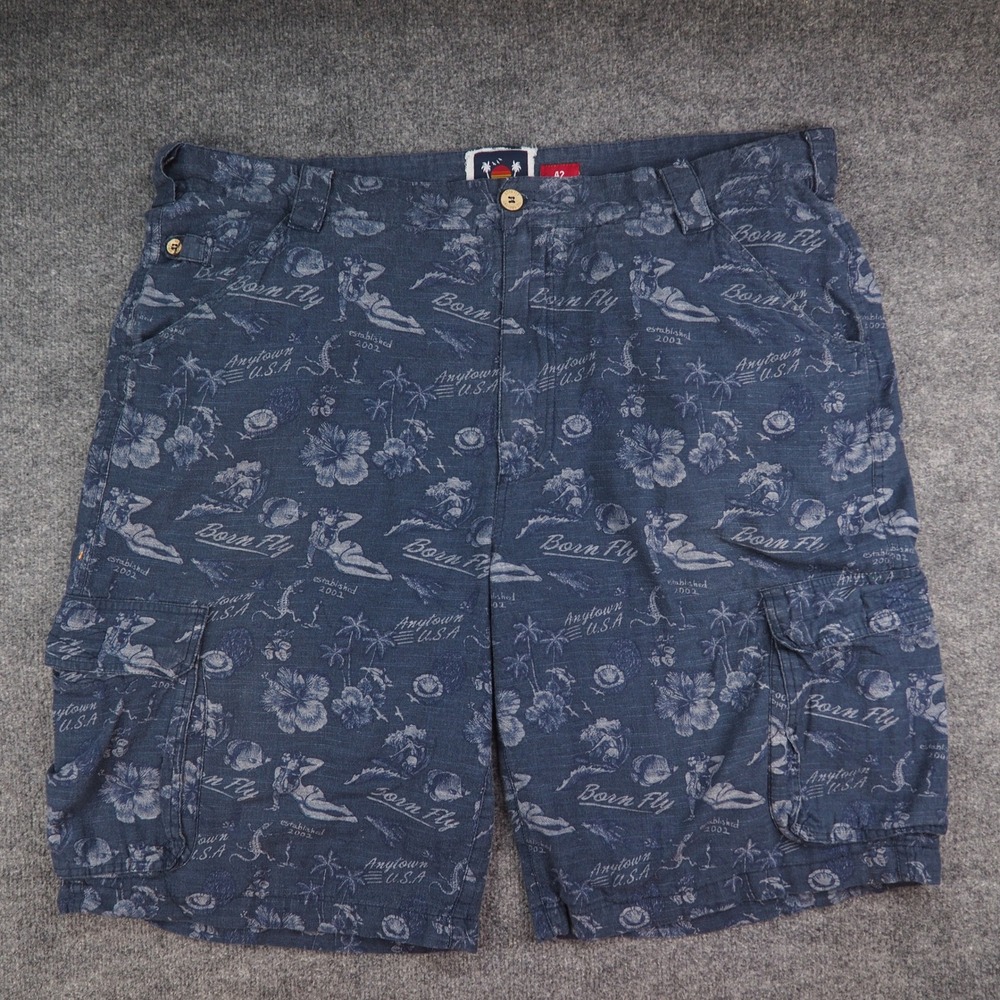 Born Fly Cargo Shorts Mens 42 Blue Pinup Girl Tropical Hibiscus Streetwear Y2K